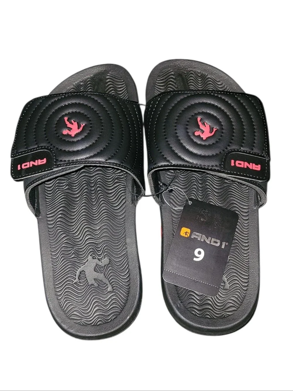 AND1 Men's Athletic Adjustable Swirl Slide Sandals in Black Size 9 NWT Red